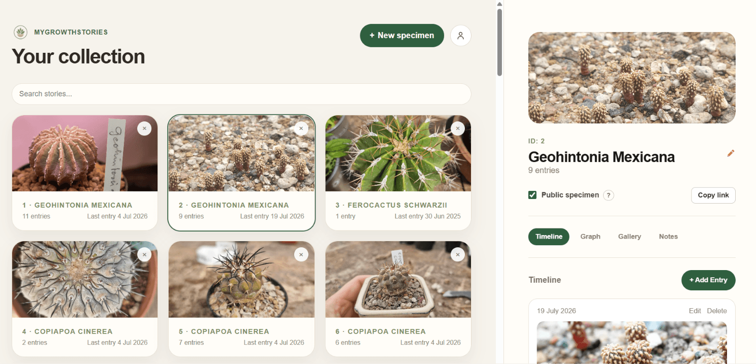 MyGrowthStories dashboard showing a plant collection and an individual specimen timeline