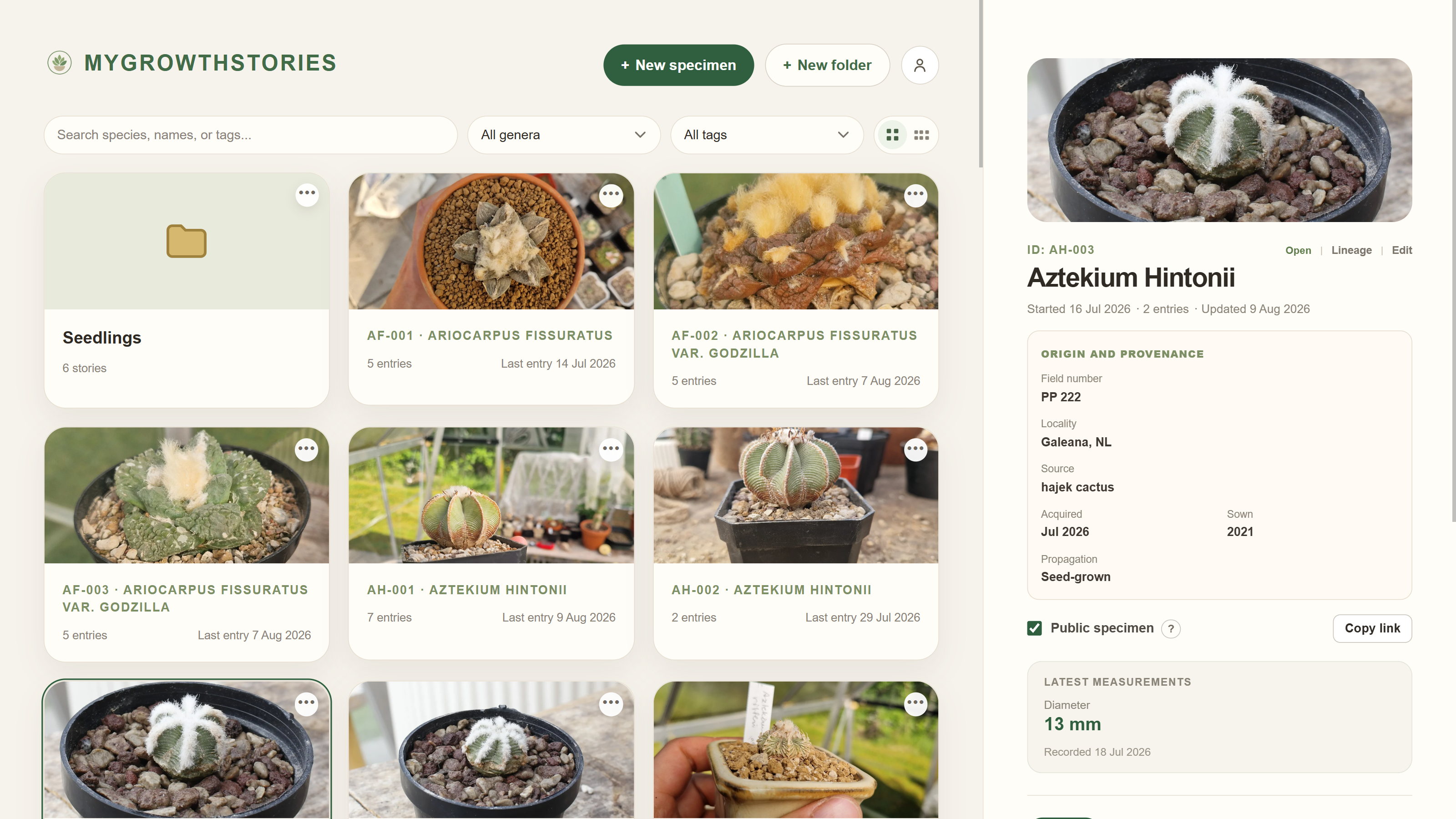 MyGrowthStories dashboard showing an organized plant collection