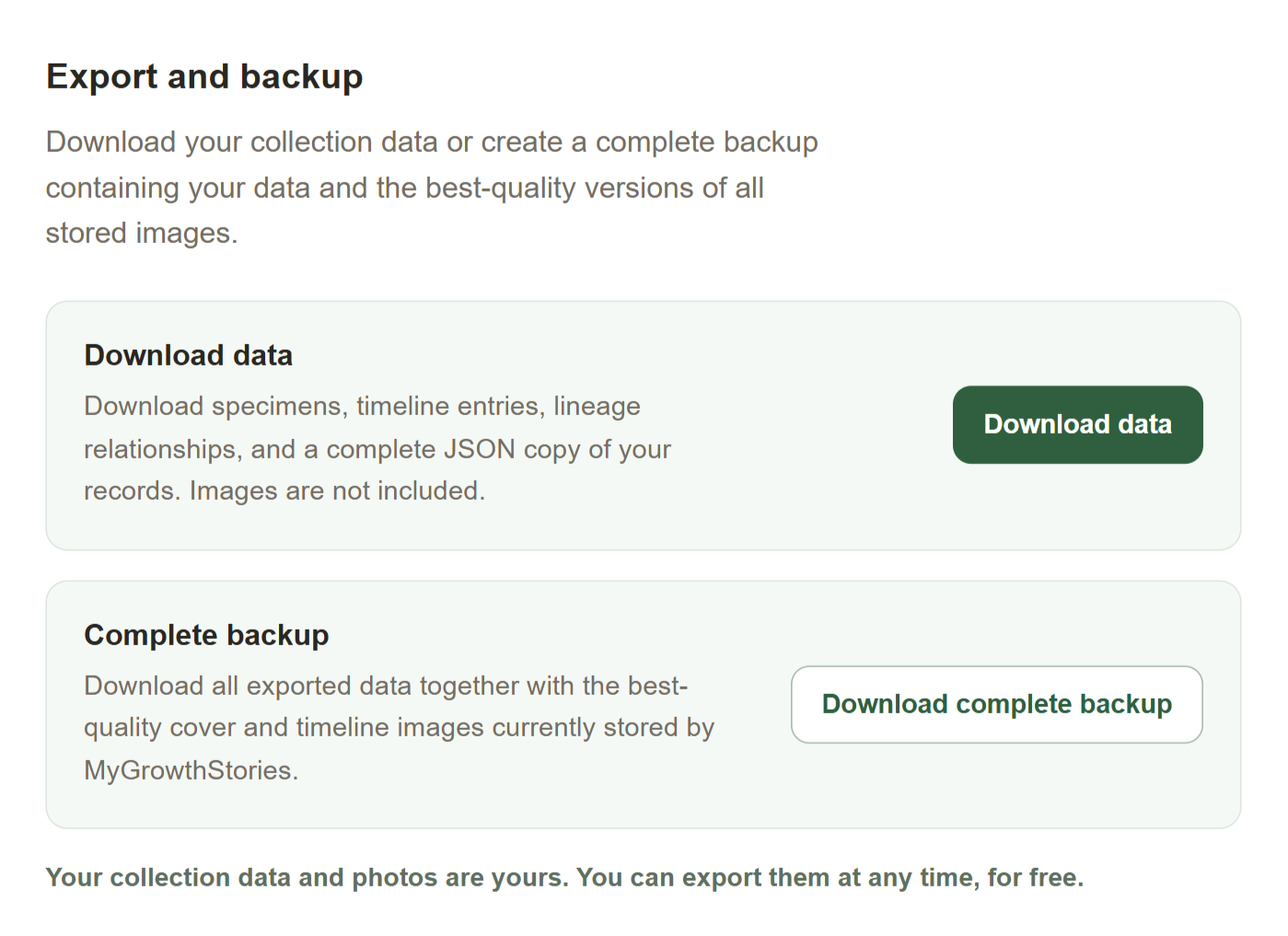 MyGrowthStories export and download tools