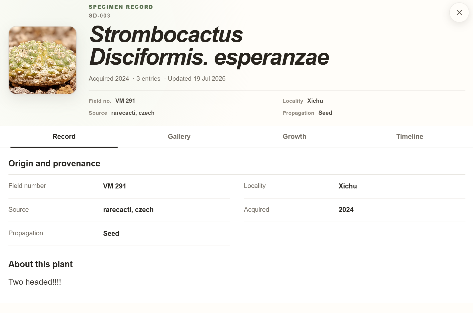 An individual specimen record in MyGrowthStories with photos, details, and timeline information